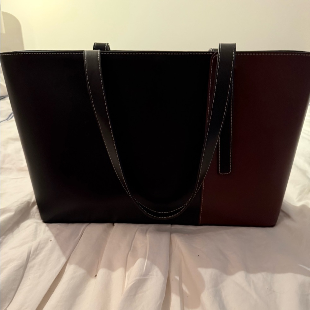STAUD Black and Brown Structured Tote Bag